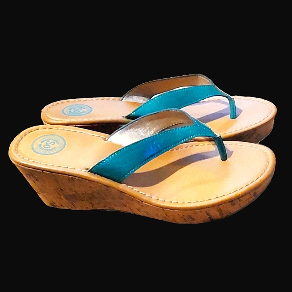 So teal blue patten leather wedge platform heel flips.